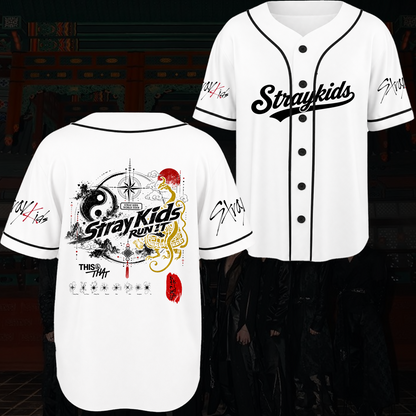 Stray Kids Run It World Tour Baseball Jersey Golden Dragon Red Sun Style Gift For Fans