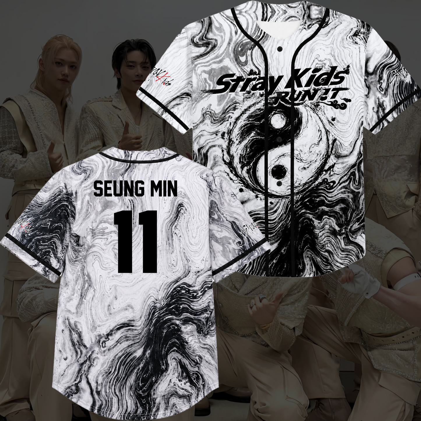 Stray Kids Run It World Tour Graphic Baseball Jersey White Marble Kpop Streetwear Gift For Fans