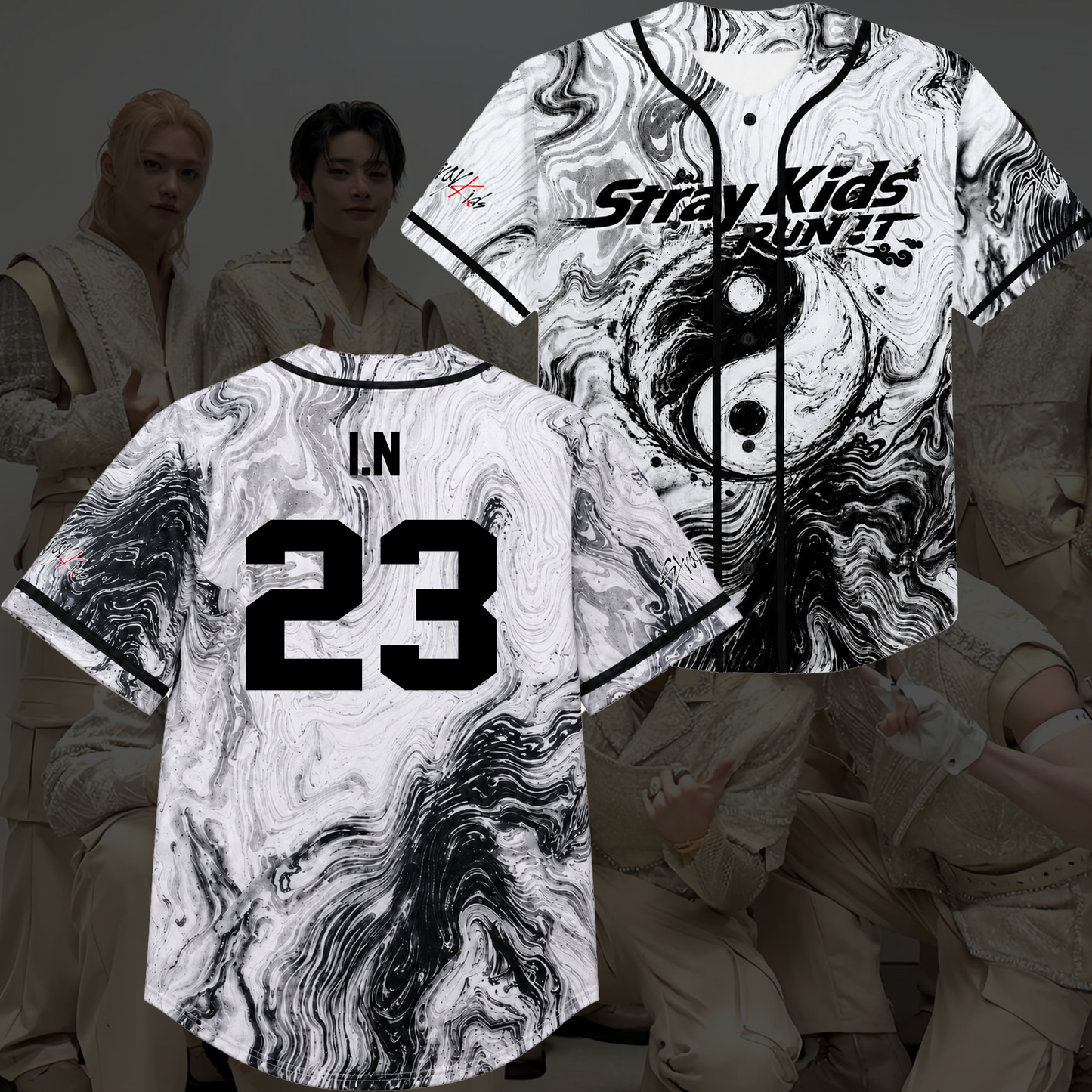 Stray Kids Run It World Tour Graphic Baseball Jersey White Marble Kpop Streetwear Gift For Fans