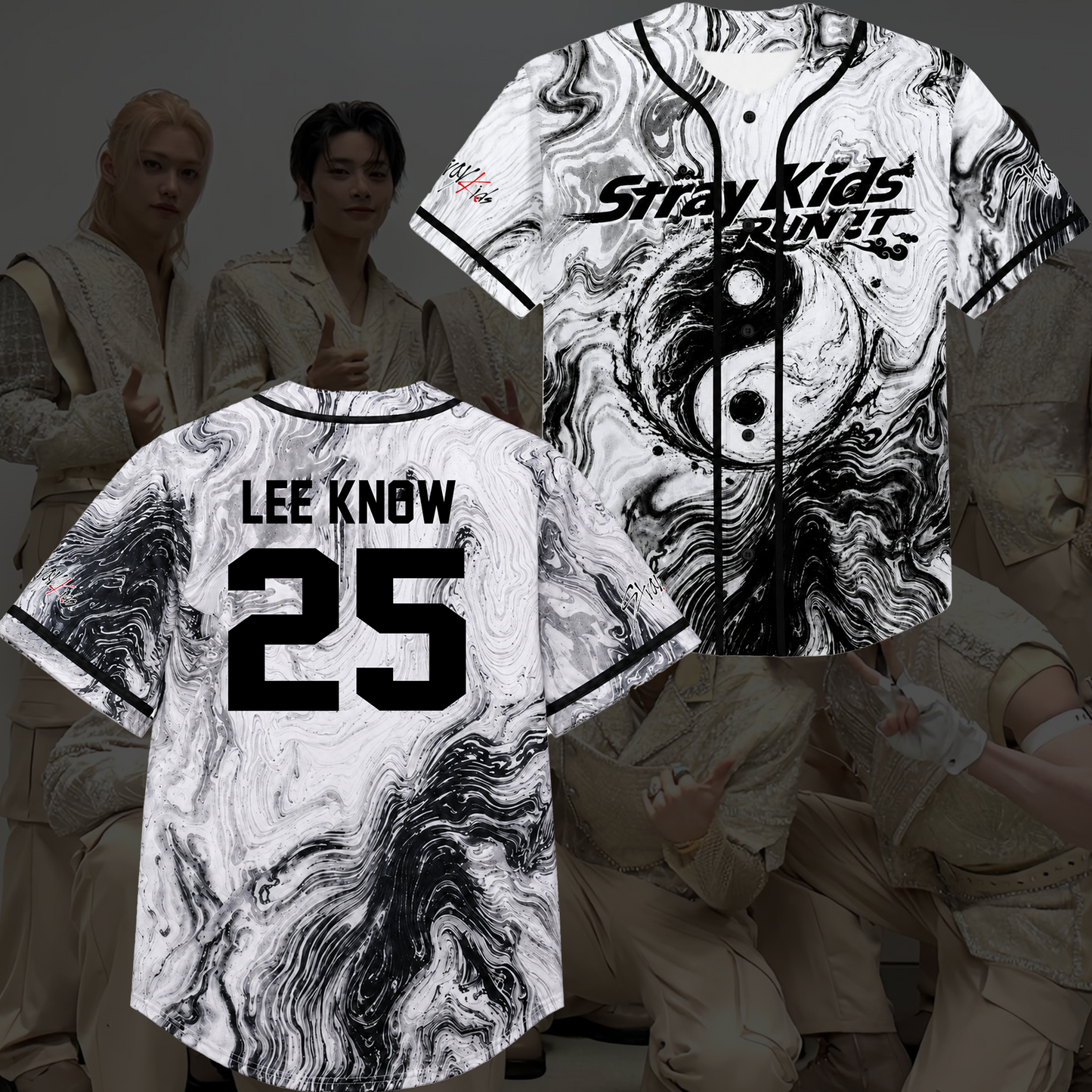 Stray Kids Run It World Tour Graphic Baseball Jersey White Marble Kpop Streetwear Gift For Fans