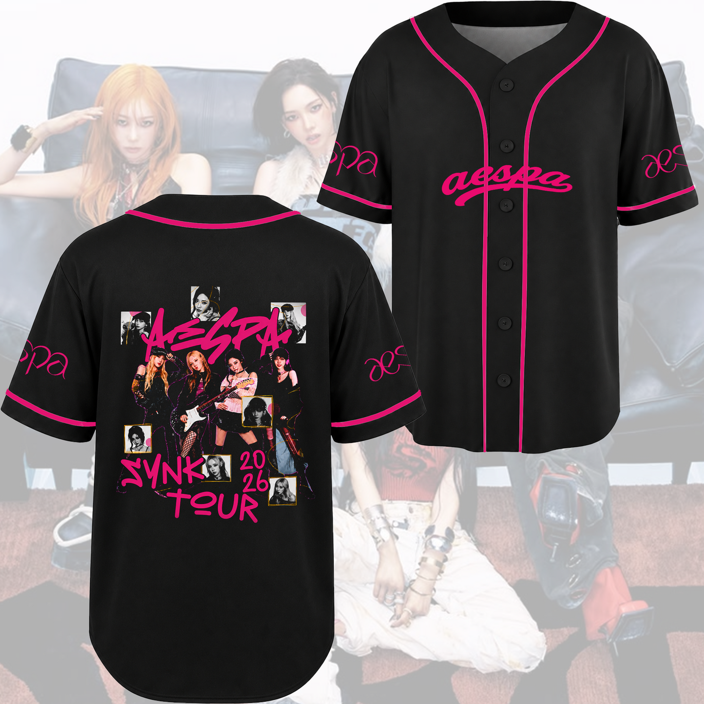 Aespa SYNK World Tour 2026 Baseball Jersey Black & Pink Kpop Merch Gift For Fans