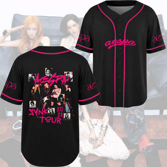 Aespa SYNK World Tour 2026 Baseball Jersey Black & Pink Kpop Merch Gift For Fans