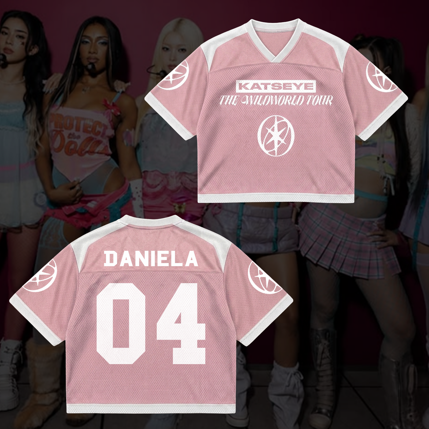 Chic KATSEYE The Wildworld Tour Mixed Mesh Jersey Pastel Pink Streetwear Fan Gifts
