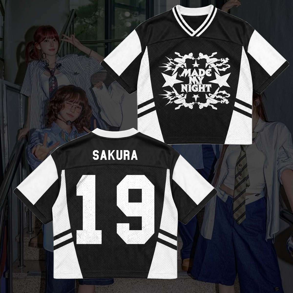 LE SSERAFIM Made My Night Tour Petrolfarbenes/Pinkes Mixed-Mesh-Trikot Fan-Geschenke