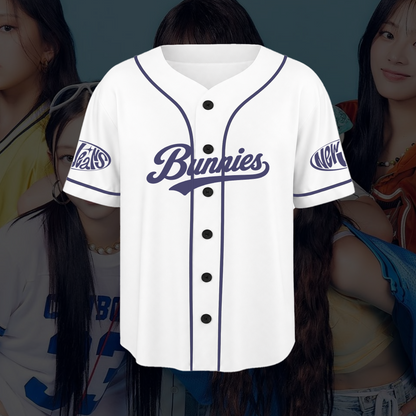 Sleek NewJeans Bunnies Jersey White Purple Kpop Baseball Tee Fan Gifts