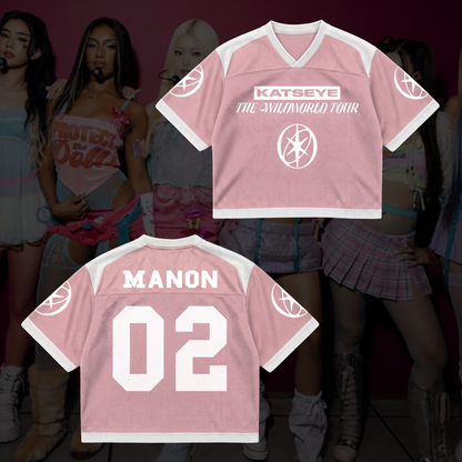 Chic KATSEYE The Wildworld Tour Mixed Mesh Jersey Pastel Pink Streetwear Fan Gifts