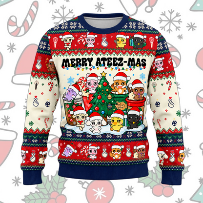 ATEEZ Christmas Ugly Sweater Merry Ateez-Mas Blue Collar Sweatshirt Gift For Fans