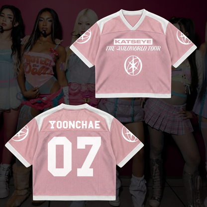Chic KATSEYE The Wildworld Tour Mixed Mesh Jersey Pastel Pink Streetwear Fan Gifts