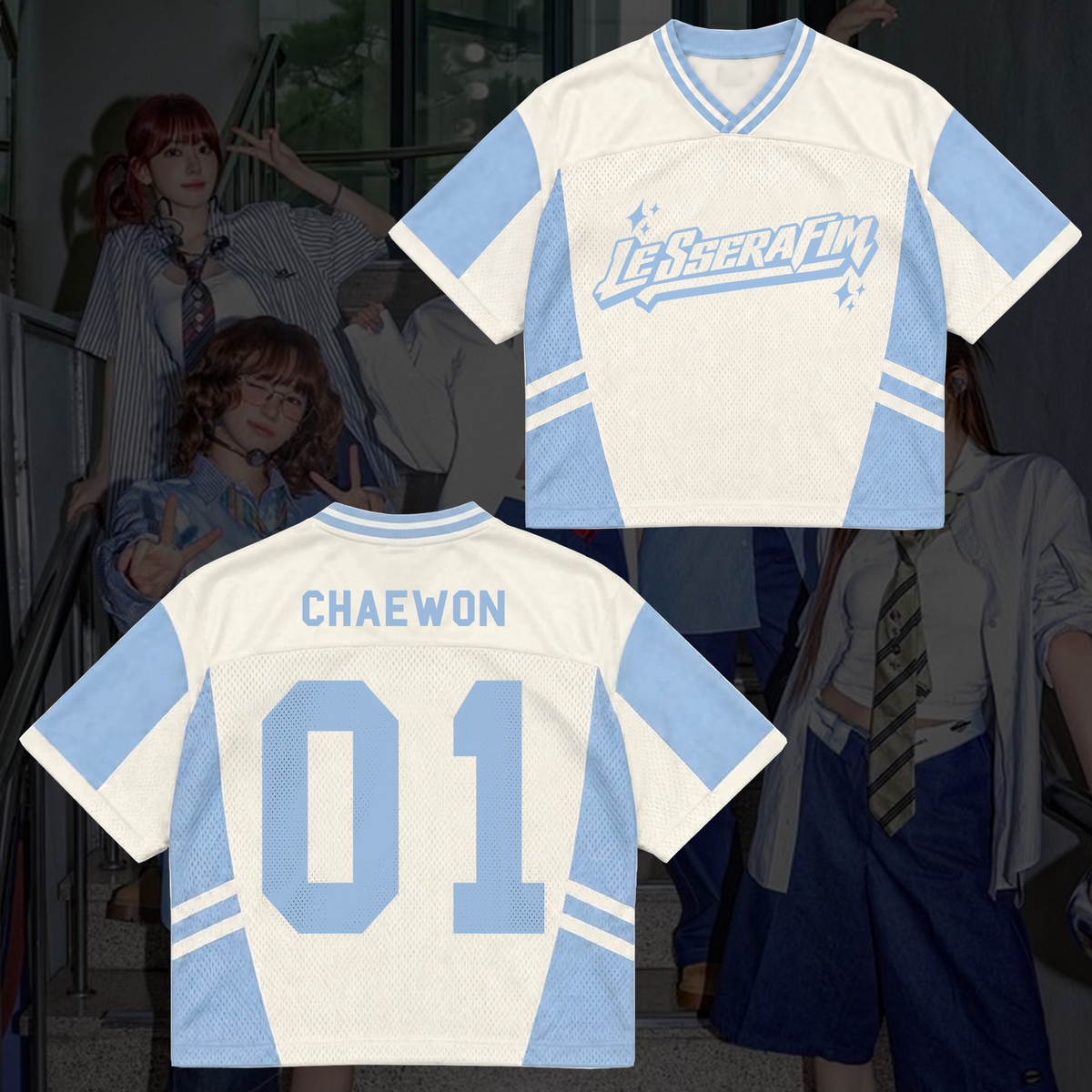 LE SSERAFIM Made My Night Tour Petrolfarbenes/Pinkes Mixed-Mesh-Trikot Fan-Geschenke