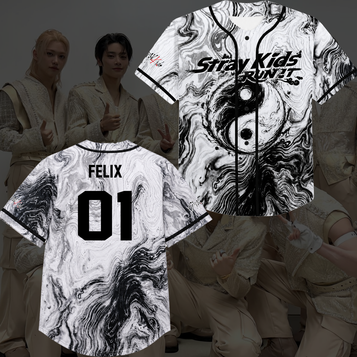 Stray Kids Run It World Tour Graphic Baseball Jersey White Marble Kpop Streetwear Gift For Fans