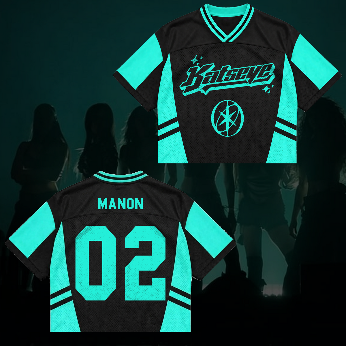 Katseye Wildworld Tour Retro Sporty Teal White Mixed Mesh Jersey Outfit für Eyekons