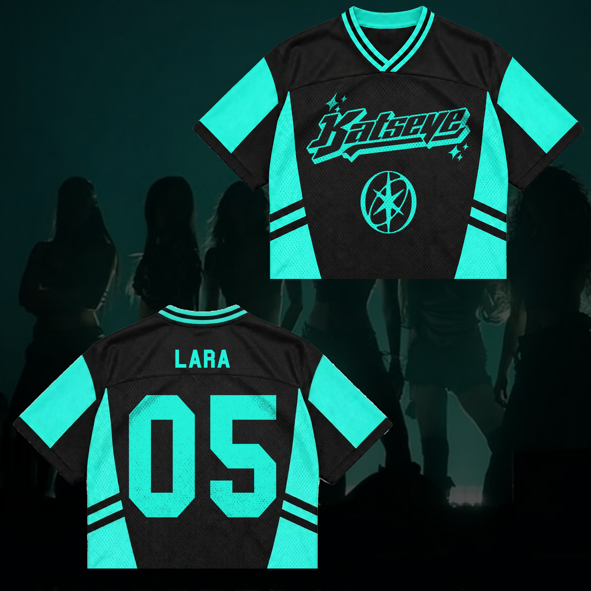 Katseye Wildworld Tour Retro Sporty Teal White Mixed Mesh Jersey Outfit für Eyekons