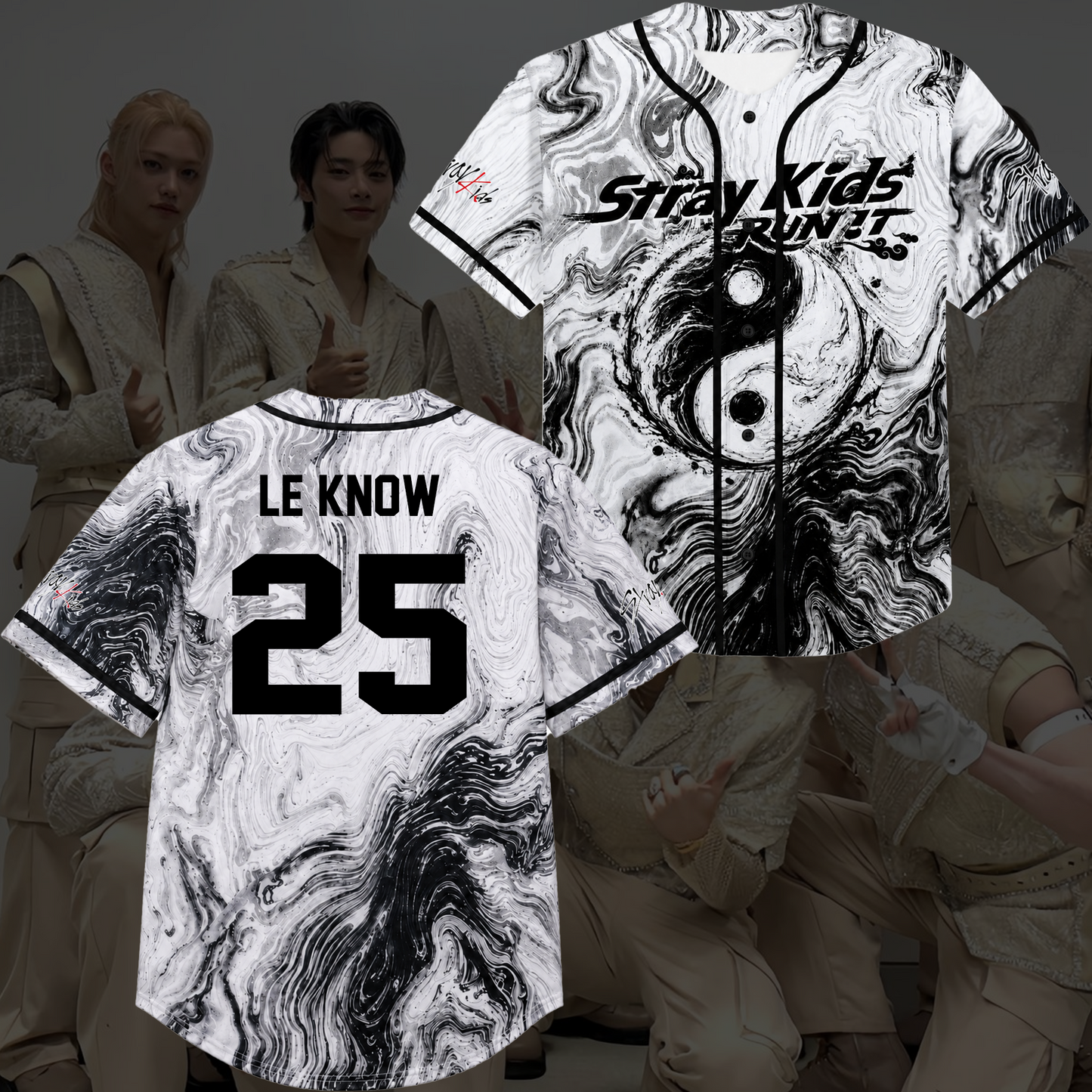 Stray Kids Run It World Tour Graphic Baseball Jersey White Marble Kpop Streetwear Gift For Fans