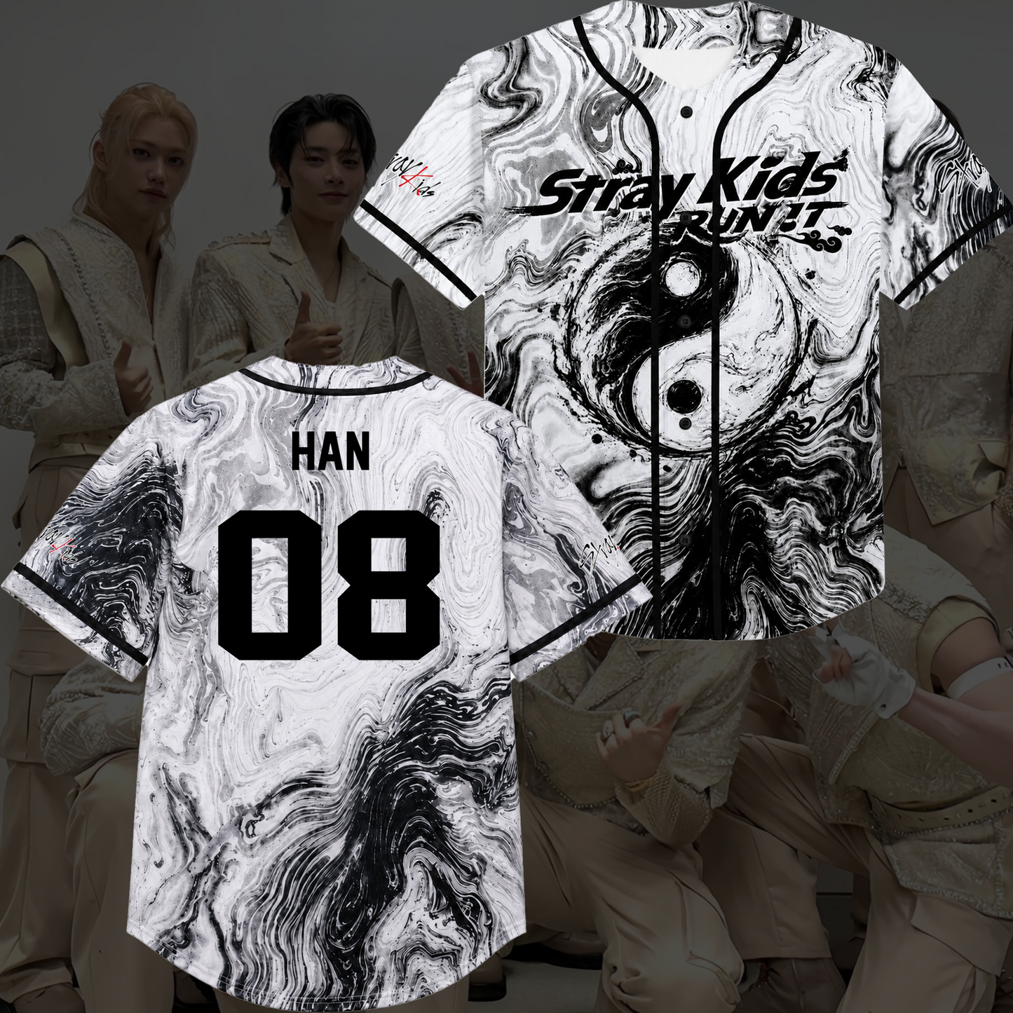 Stray Kids Run It World Tour Graphic Baseball Jersey White Marble Kpop Streetwear Gift For Fans