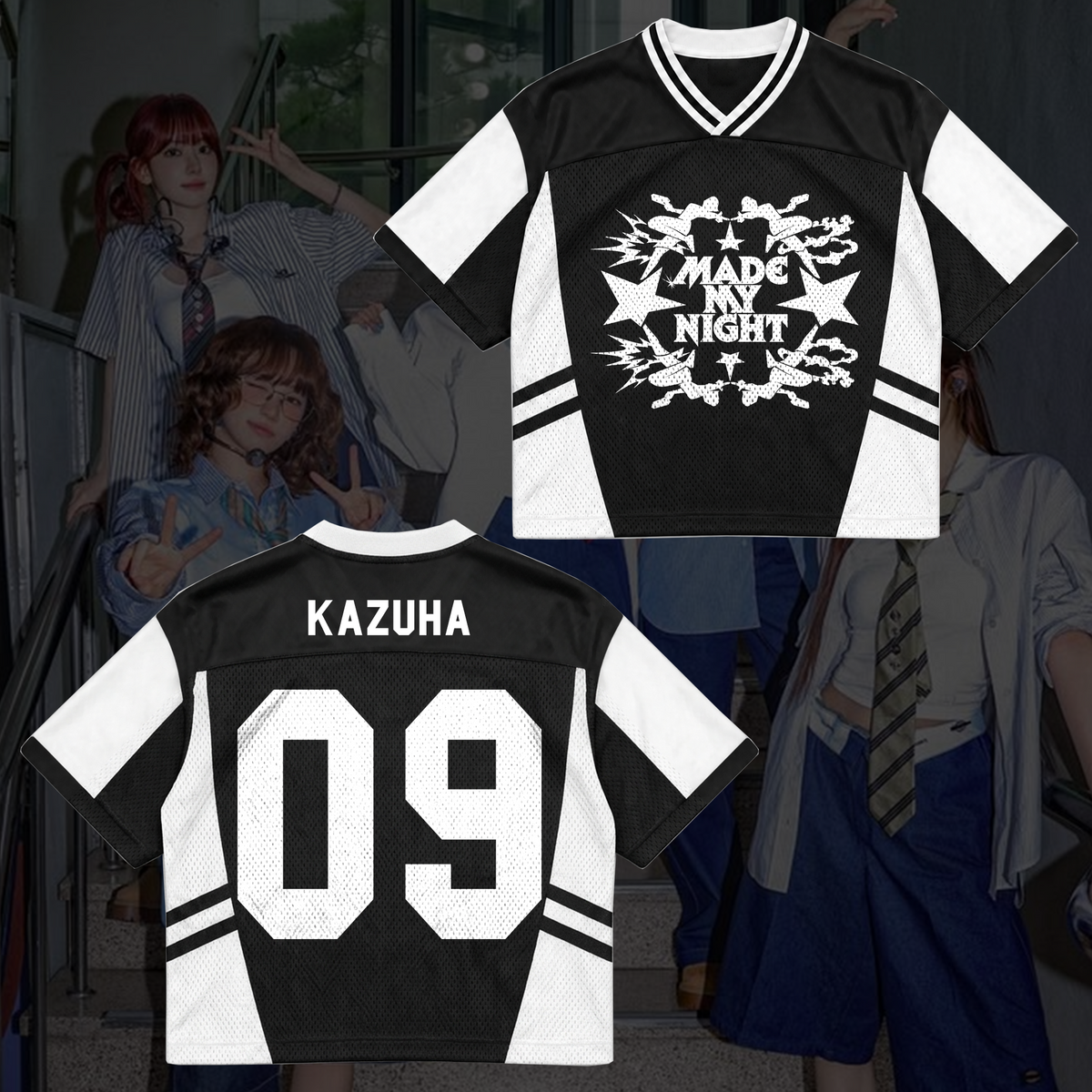 LE SSERAFIM Made My Night Tour Petrolfarbenes/Pinkes Mixed-Mesh-Trikot Fan-Geschenke