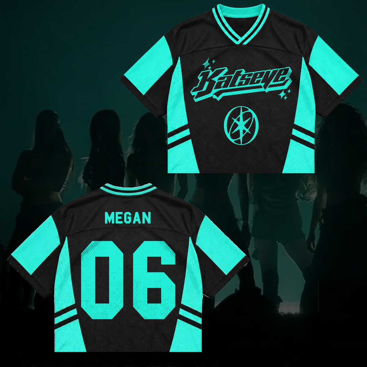 Katseye Wildworld Tour Retro Sporty Teal White Mixed Mesh Jersey Outfit für Eyekons