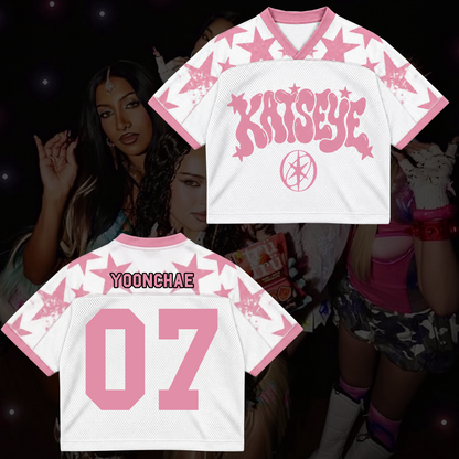 KATSEYE Pink Star Mixed Mesh Jersey The Wildworld Tour Merch Gift For Fans
