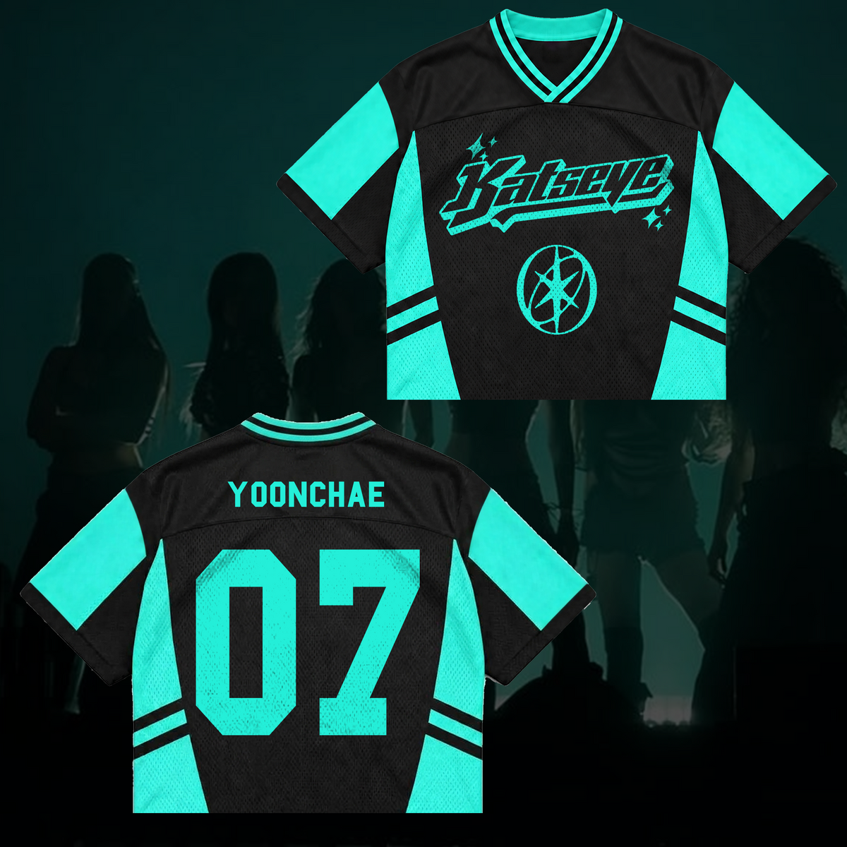 Katseye Wildworld Tour Retro Sporty Teal White Mixed Mesh Jersey Outfit für Eyekons