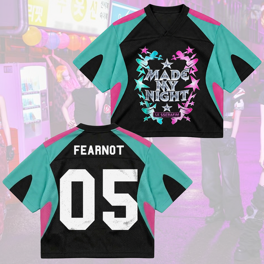 LE SSERAFIM Made My Night Tour Petrolfarbenes/Pinkes Mixed-Mesh-Trikot Fan-Geschenke