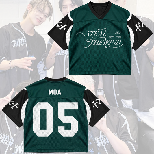 TOMORROW X TOGETHER Steal The Wind Tour Dunkelgrünes Gameday-Mesh-Trikot für MOA