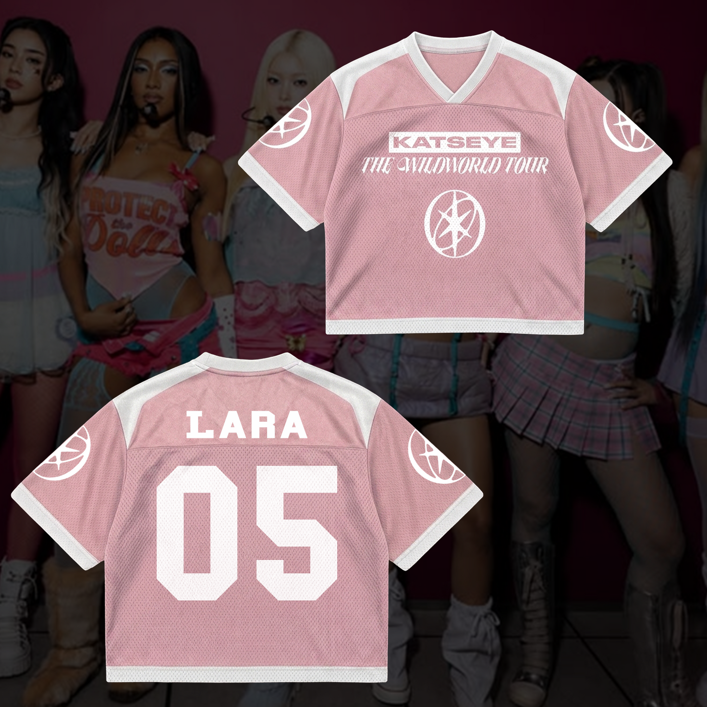 Chic KATSEYE The Wildworld Tour Mixed Mesh Jersey Pastel Pink Streetwear Fan Gifts