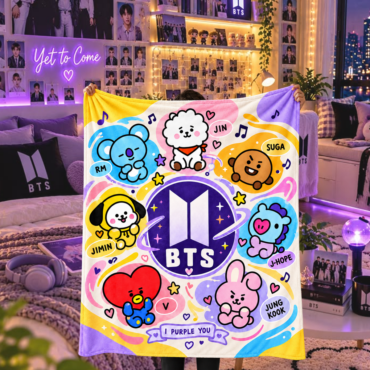 BTS BT21 Fleece Blanket I Purple You Chibi Characters Throw Blanket Gift For Fans