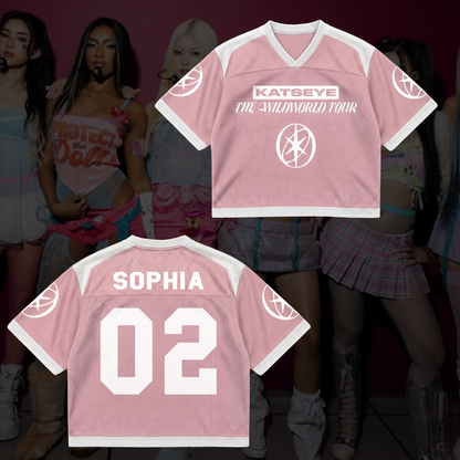 Chic KATSEYE The Wildworld Tour Mixed Mesh Jersey Pastel Pink Streetwear Fan Gifts