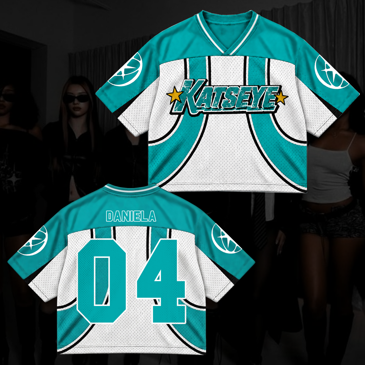 Katseye Wildworld Tour Retro Sporty Teal White Mixed Mesh Jersey Outfit For Eyekons
