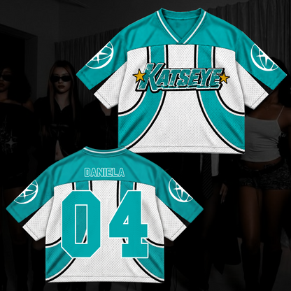 Katseye Wildworld Tour Retro Sporty Teal White Mixed Mesh Jersey Outfit For Eyekons