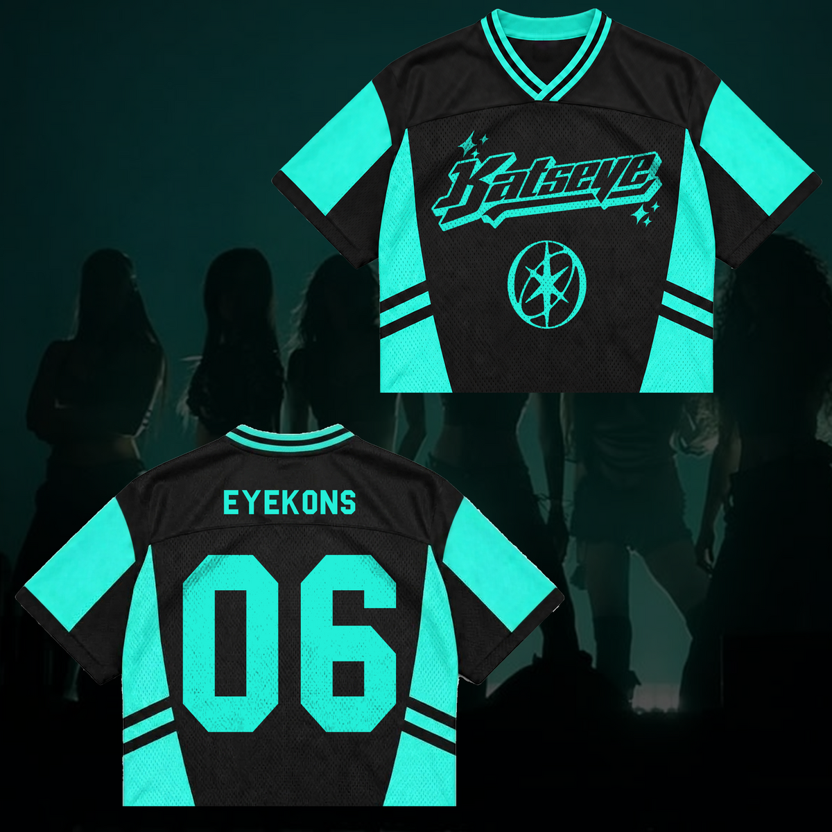 Katseye Wildworld Tour Retro Sporty Teal White Mixed Mesh Jersey Outfit für Eyekons
