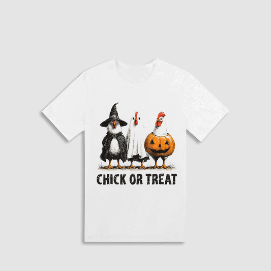 A white t-shirt with a graphic design featuring three chickens dressed in costumes, including a witch's hat, a pumpkin, and a chicken with a carved face. The text below the image says "CHICK OR TREAT".