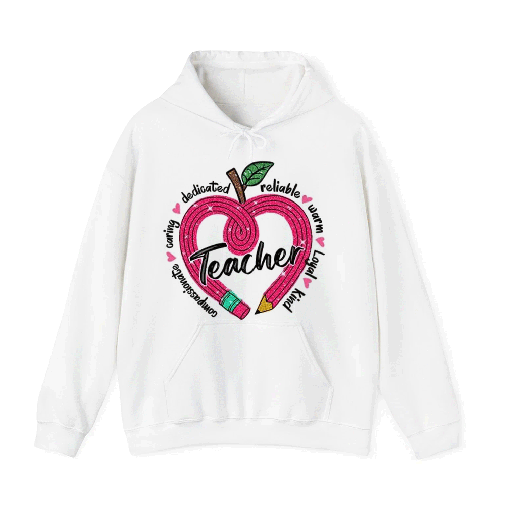 A white hoodie with a graphic design featuring an apple with a heart shape and the word "Teacher" written inside it.