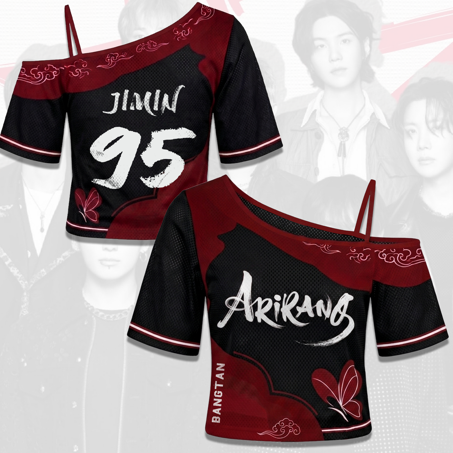 BTS Arirang Black Red Off Shoulder Mesh Korean Heritage Concert Outfit Gift For Fans