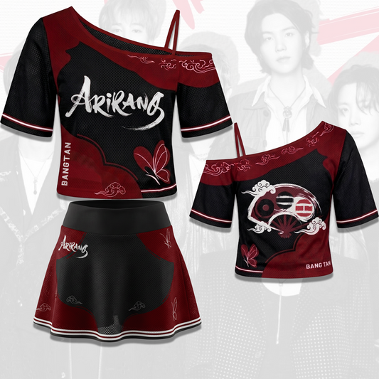 BTS Arirang Black Red Off Shoulder Mesh Korean Heritage Concert Outfit Gift For Fans