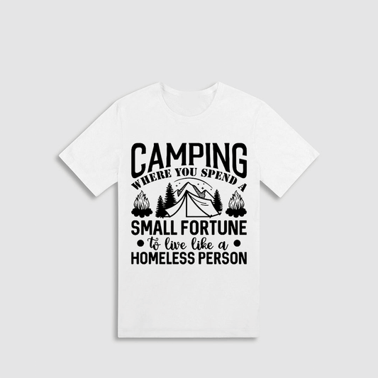 A white t-shirt with a graphic design featuring text and illustrations related to camping and fortune.