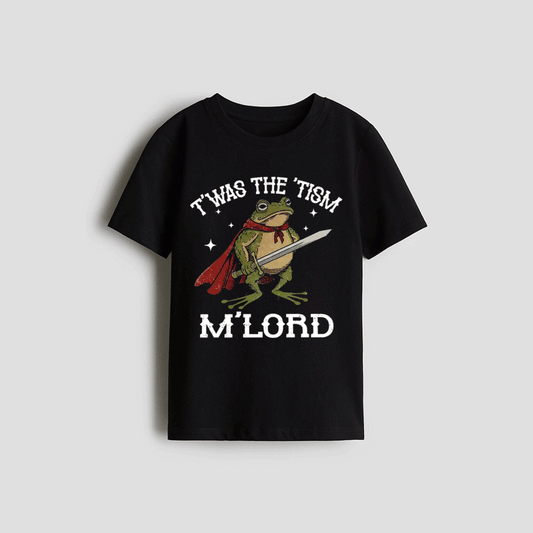 A black t-shirt with a graphic design depicting a frog wearing a red cape and holding a sword, along with the text "T WAS THE TISM M LORD" printed on it.