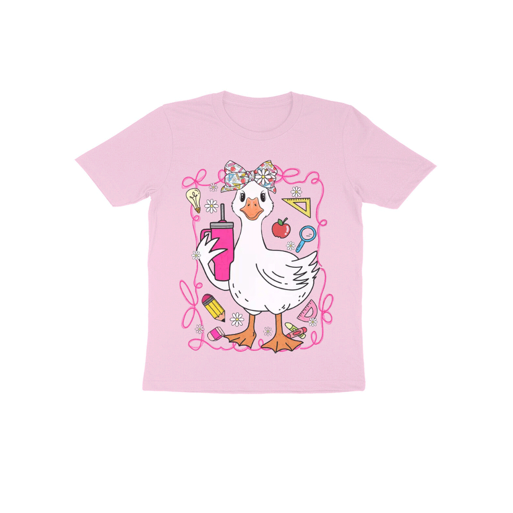A pink t-shirt with a cartoon image of a duck holding a drink and surrounded by various school supplies.