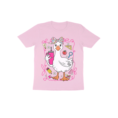 A pink t-shirt with a cartoon image of a duck holding a drink and surrounded by various school supplies.
