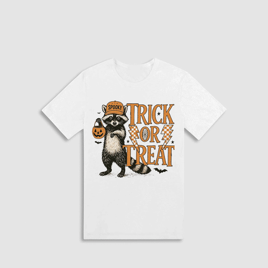 A white t-shirt with a graphic design featuring a raccoon wearing a baseball cap and holding a carved pumpkin, along with the text "TRICK OR TREAT" in orange and black.