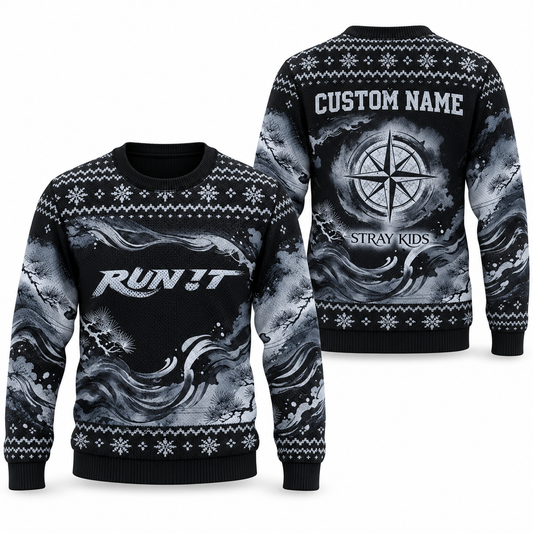 Stray Kids RUN IT Custom Name Ugly Christmas Sweater, Personalized STAY Holiday Gift