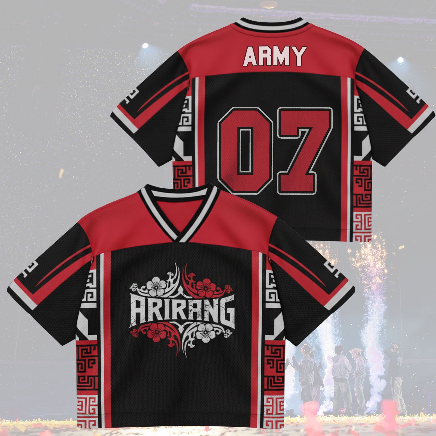 Front and back view of BTS Arirang World Tour Urban Graphics Jersey in Red and Black, featuring bold Arirang center logo and breathable mix mesh fabric.