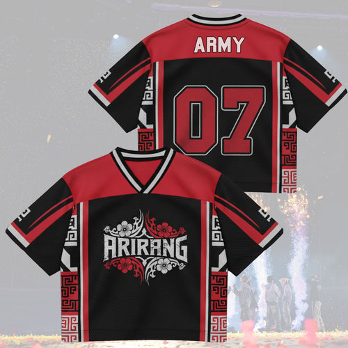 Front and back view of BTS Arirang World Tour Urban Graphics Jersey in Red and Black, featuring bold Arirang center logo and breathable mix mesh fabric.