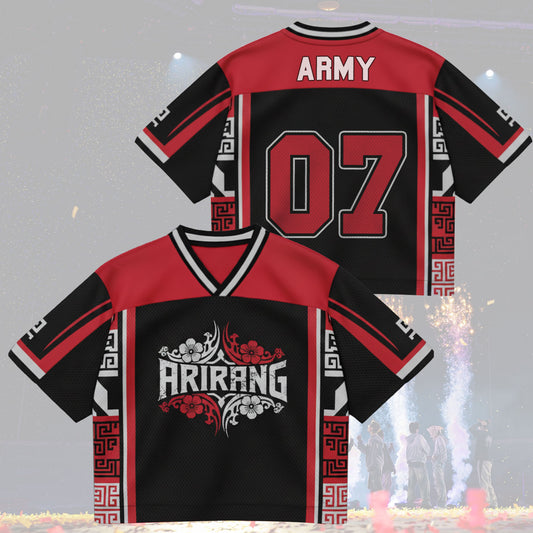 Front and back view of BTS Arirang World Tour Urban Graphics Jersey in Red and Black, featuring bold Arirang center logo and breathable mix mesh fabric.