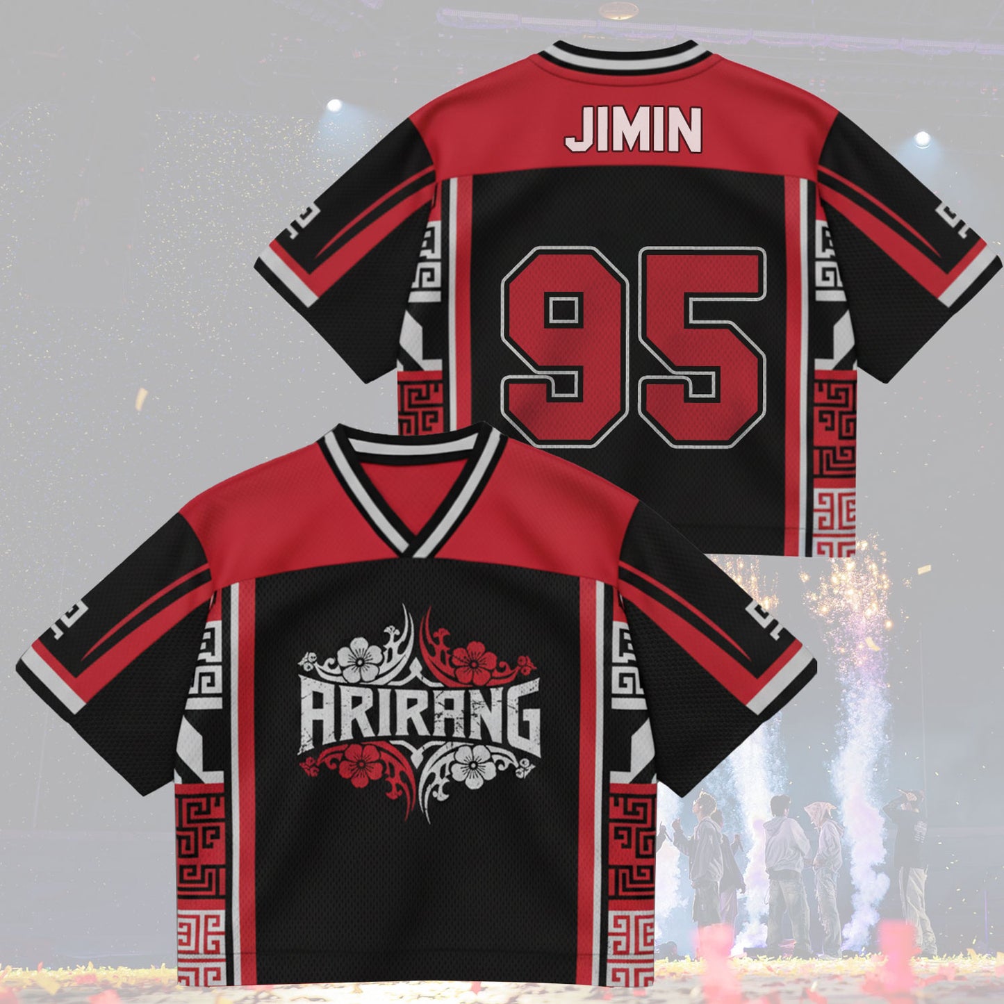 Black and red sports jersey with 'Hrirang' logo and 'Jimin 95' text on a decorative background.