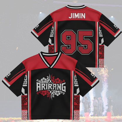 Black and red sports jersey with 'Hrirang' logo and 'Jimin 95' text on a decorative background.