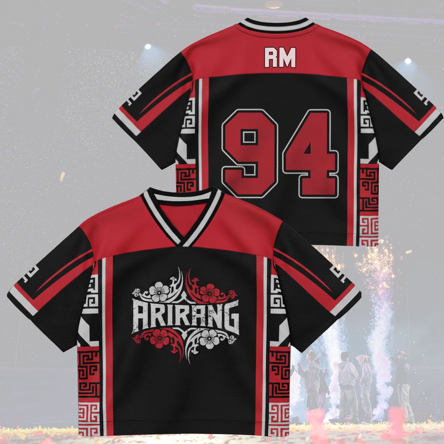 Red and black sports jersey with 'Hrirang' branding on a decorative background
