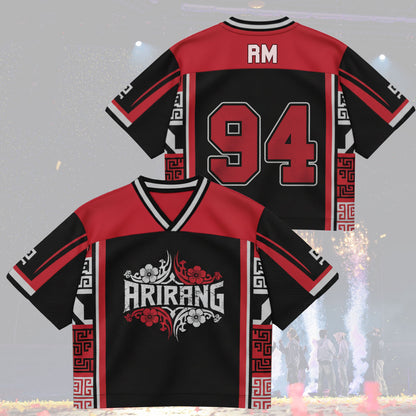 Red and black sports jersey with 'Hrirang' branding on a decorative background