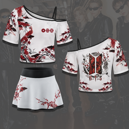 BTS ARIRANG Tour Outfit Oriental Red Blossom Off Shoulder Mesh Gift For Army