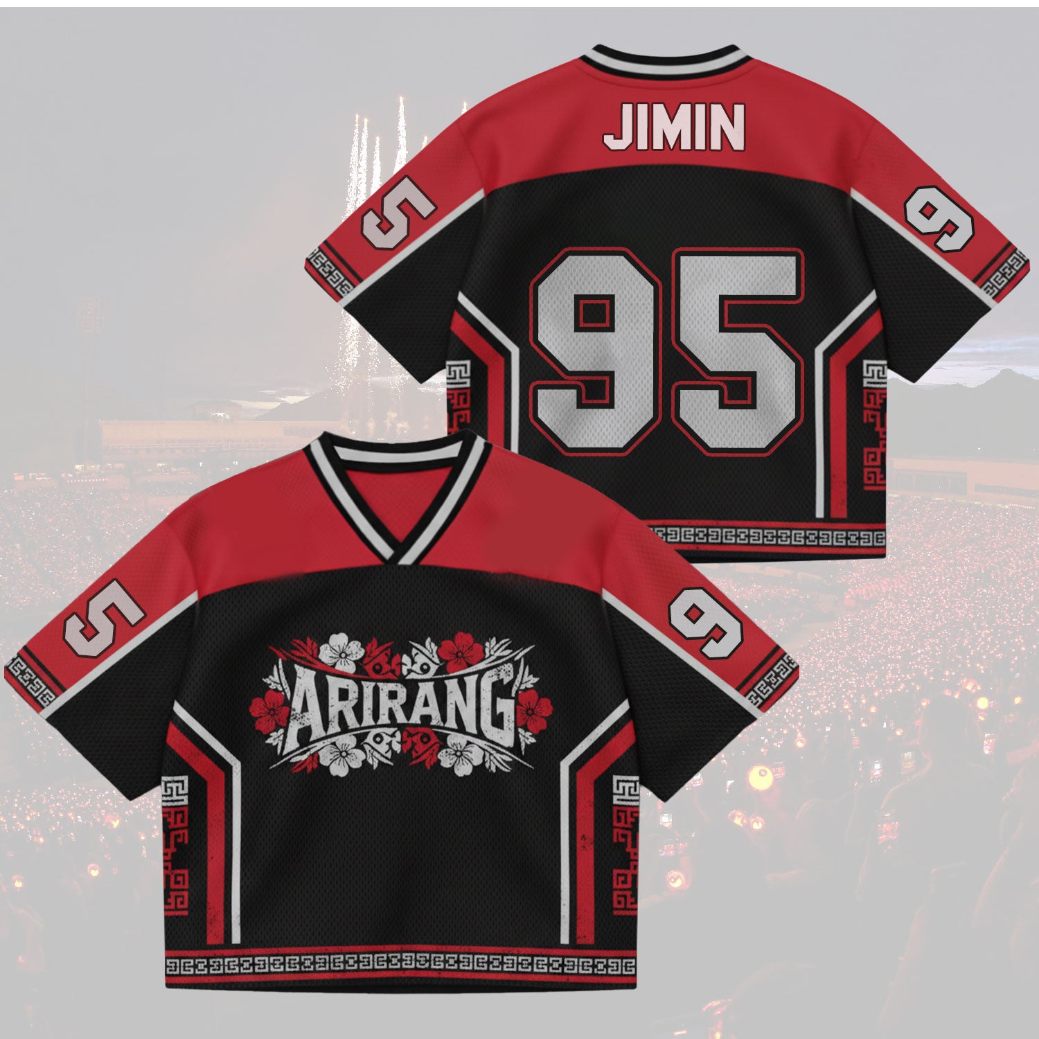 Oriental Black and red sports jersey with 'ARIRANG' branding and 'JIMIN 95' text on a light gray background.