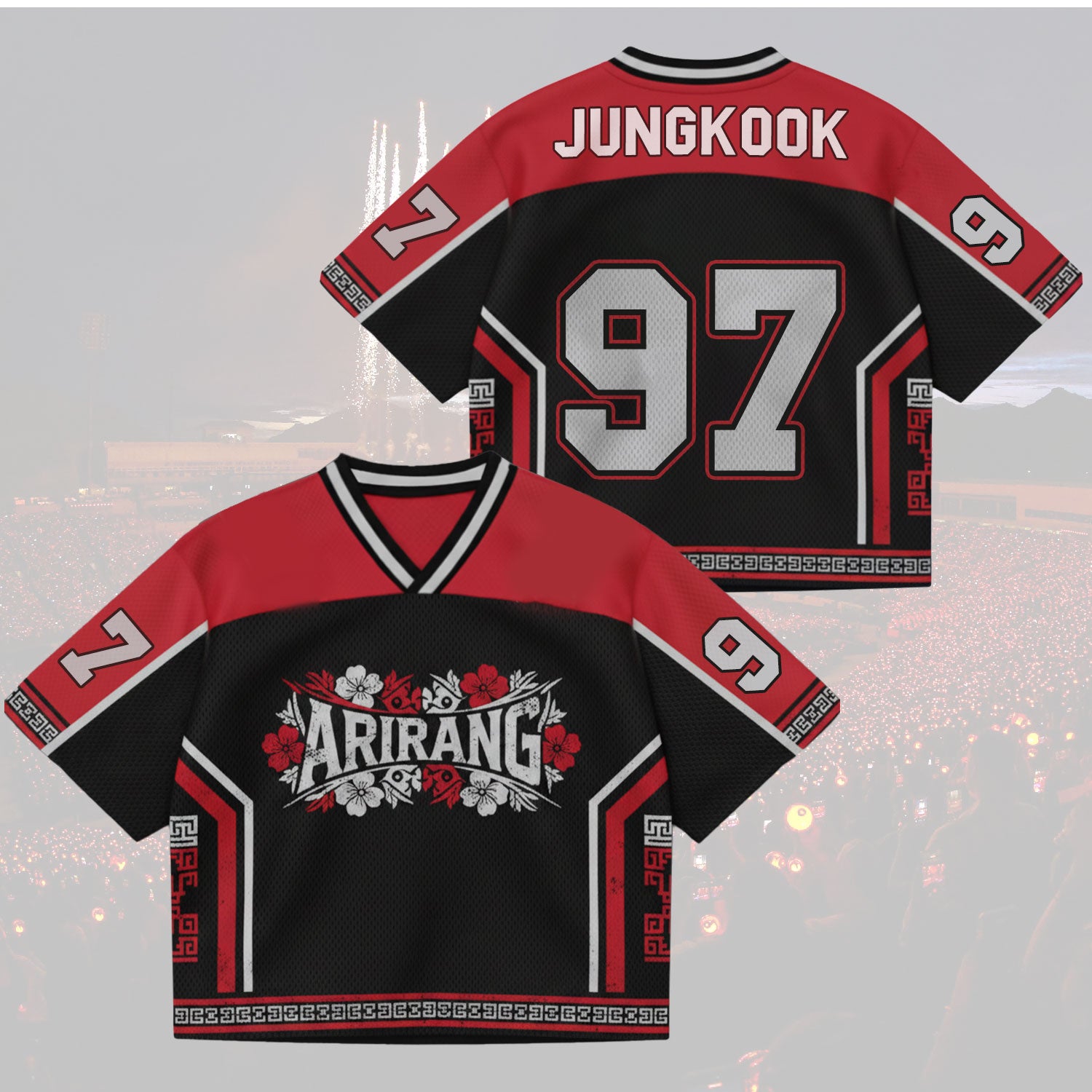 Oriental Black and red sports jersey with 'Jungkook' and number '97' on a decorative background
